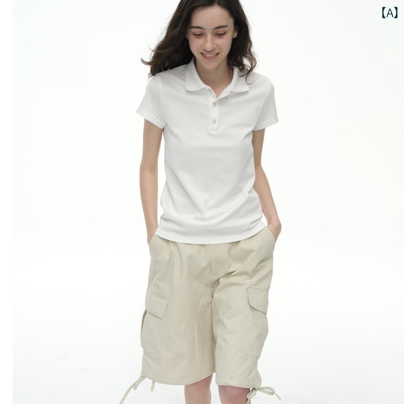 ベーシック ポロシャツ 半袖 夏用 ラペル Tシャツ レディース シンプル 無地 ホワイト オフィス カジュアル おしゃれ トレンド