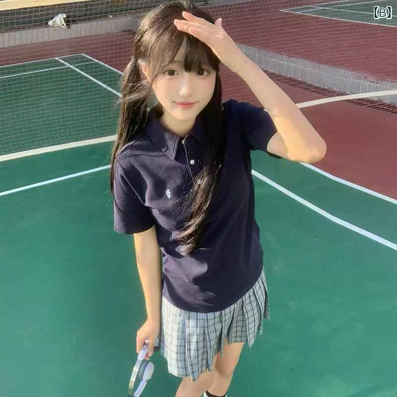 LINEAR shopの夏 Tシャツ 学校 ポロシャツ 万能 スポーツ スタイル JK 半袖 ロング ショート丈 カラー カジュアル ワンポイント スポーティー｜アングル2