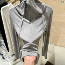 フレンチ フード 付き ドローストリング グレー 長袖 Tシャツ レディース 2025年 夏 スリムフィット 薄手 シンプル Vネック パーカー