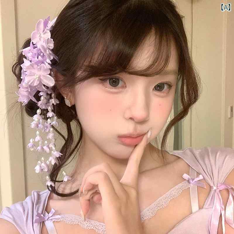 ふんわり パープル スズラン タッセル ヘア ピン 女性 ヘッド ドレス チャイナ風 レトロ フラワー サイド クリップ アクセサリー