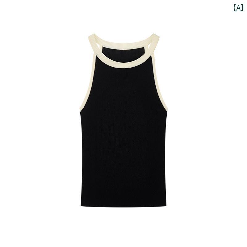 コントラストカラー ニット ホルターネックキャミソール インナー ホットガール ノースリーブ トップス..