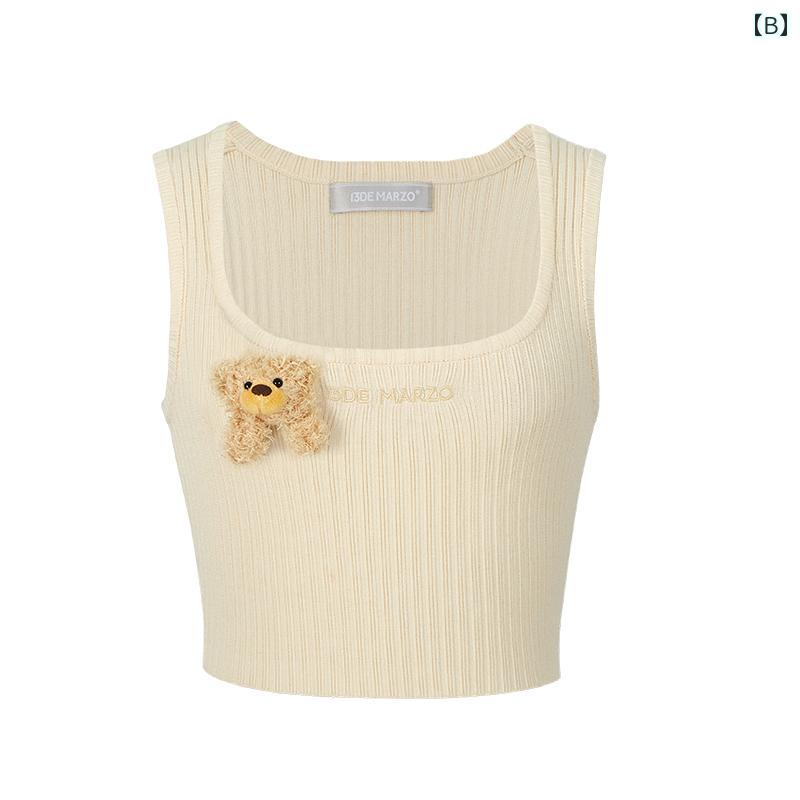レディース 春夏 ベーシック ニット スリム タンクトップ ショート丈 くま ベア マスコット デザイン おしゃれ ロゴ カジュアル ストリート
