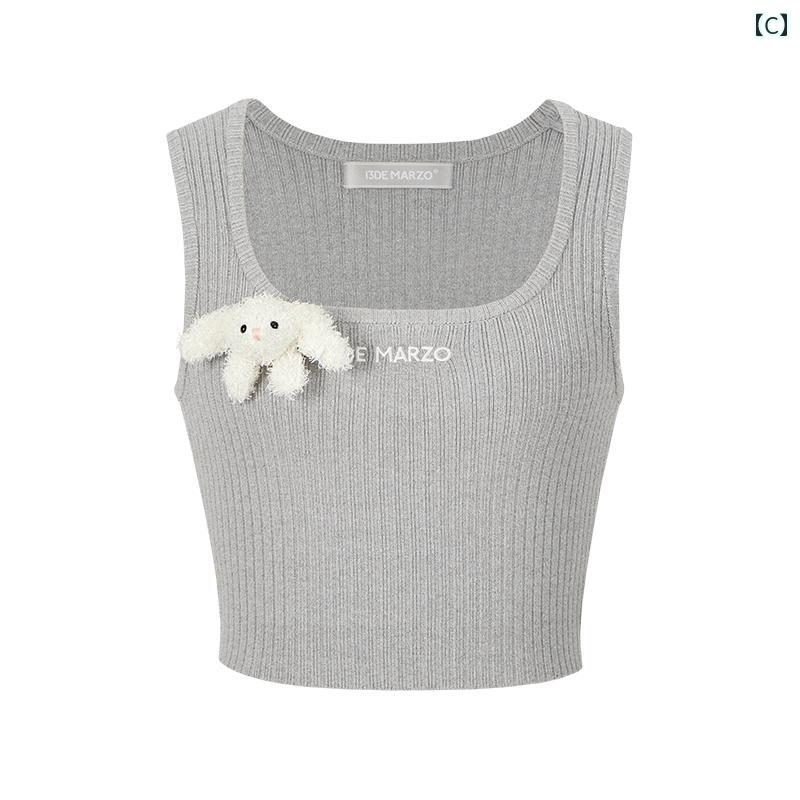 レディース 春夏 ベーシック ニット スリム タンクトップ ショート丈 くま ベア マスコット デザイン おしゃれ ロゴ カジュアル ストリート