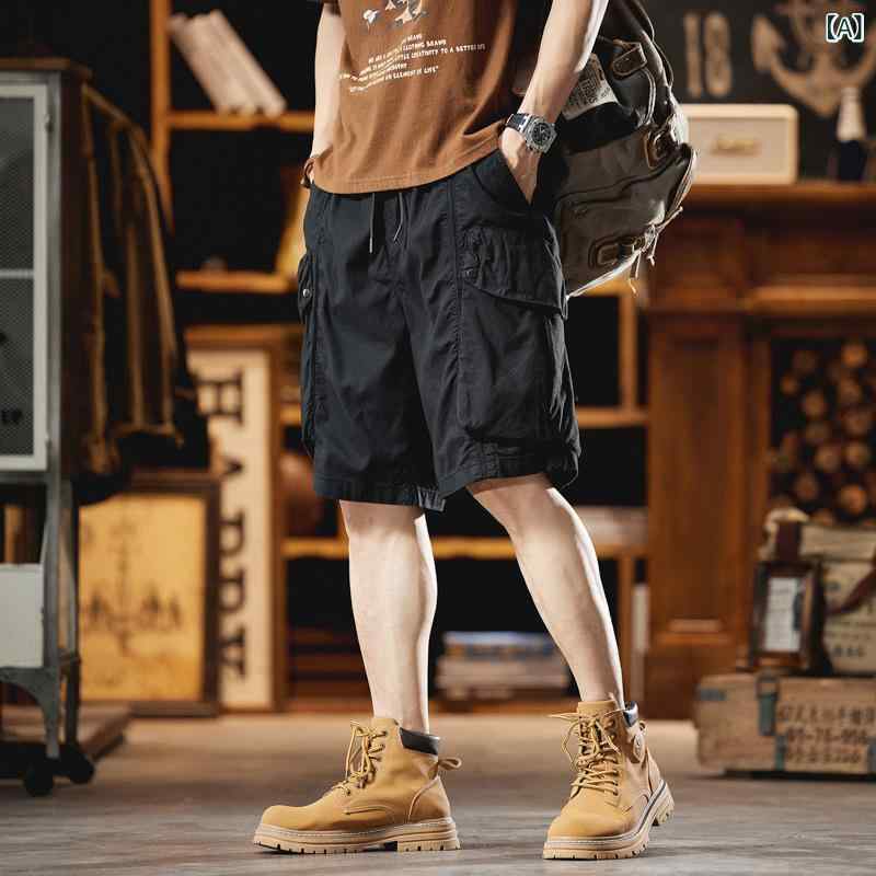 LINEAR shopのハーフパンツ メンズ 男性用 カーゴパンツ ミリタリー ワークパンツ ショートパンツ 無地 短パン ズボン 薄手 通気性 普段使い アウトドア ブラック グリーン カーキ ブラウン｜アングル2