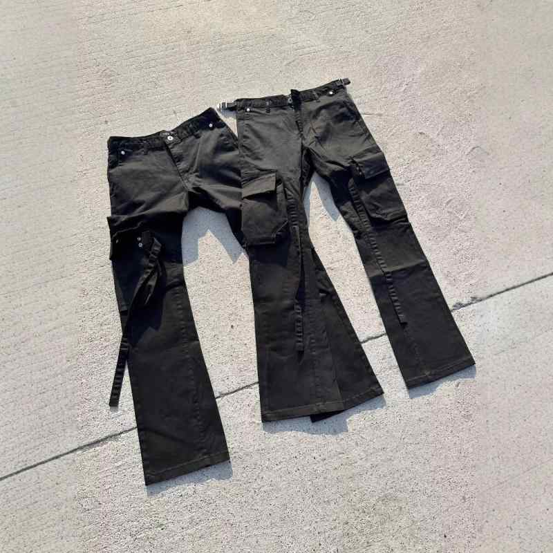カーゴパンツ メンズ ボトムス ベルボトム ワークパンツ 高腰 無地 黒 ブラック カーキグリーン カジュアルパンツ 普段使い