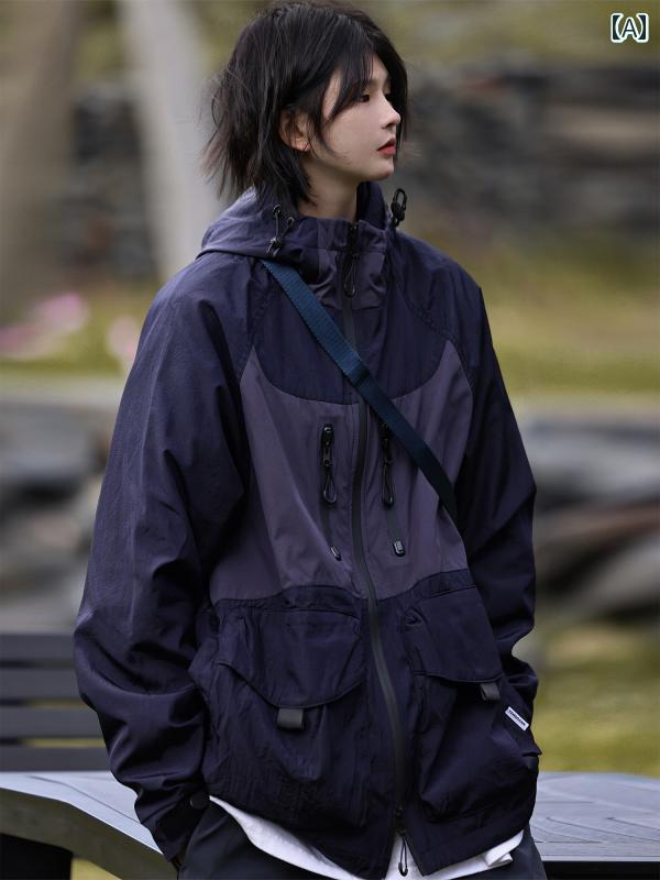 アウトドア マウンテン スタイル マルチ カラー ステッチ 機能性 フード 付き コントラスト ー ド ジャ..