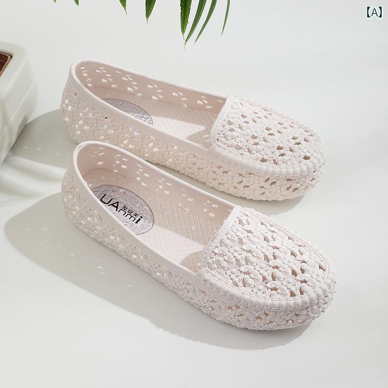 女性用 プラスチック サンダル 夏用 フラット ナース マザー シューズ ソフト ソール 通気性 滑り止め ..