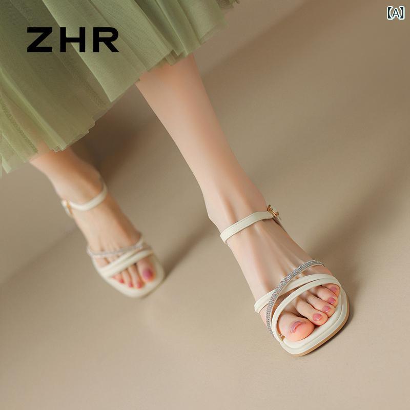 サンダル 女性用 2025年 夏 ラインストーン 妖精 風 アウターウェア スカート 付き オープントゥ 厚底 ハイヒール おしゃれ