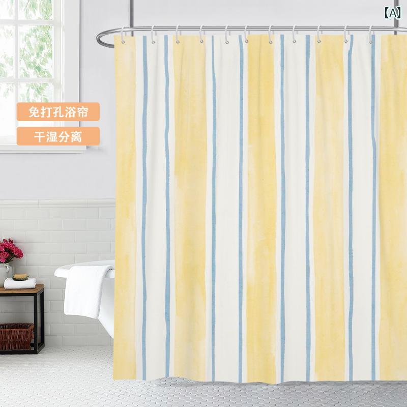 シンプル ストライプの バス ルーム シャワー カーテン 仕切り フレンチ レトロ 防水 防 カビ 布 吊り.カラフルカラーオシャレ