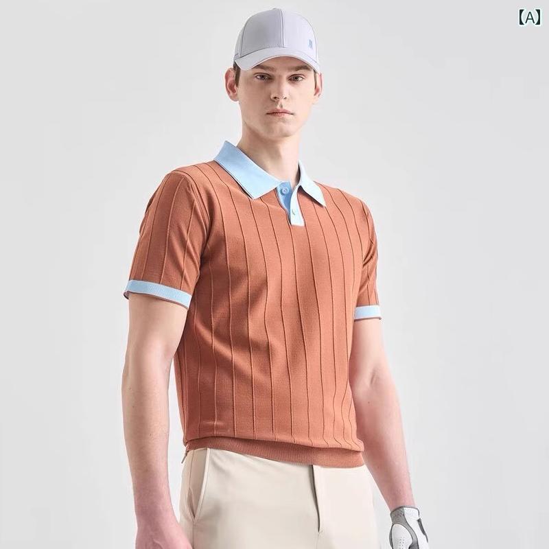 ゴルフウェア メンズ ラペル クール ニット 半袖 カラーマッチング カジュアル トップス ジッパー ネッ..