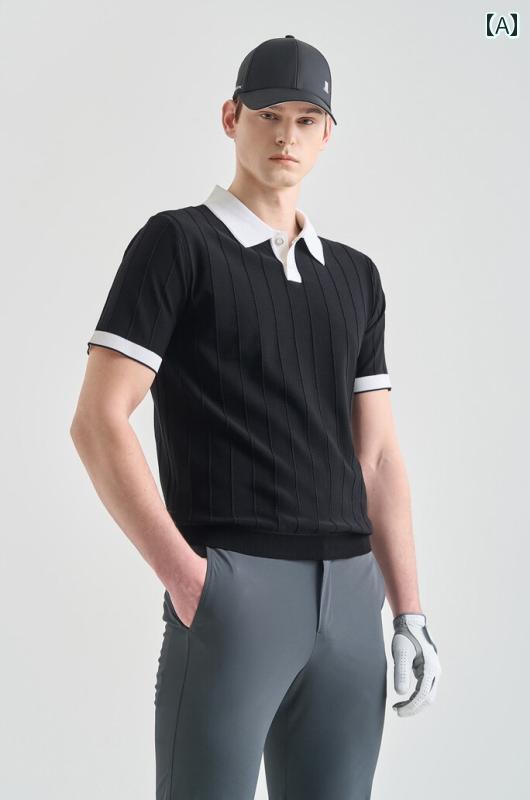 ゴルフウェア メンズ ラペル ニット セーター 半袖 ゴルフ トップ 特価 Vネック トップス ショートスリ..