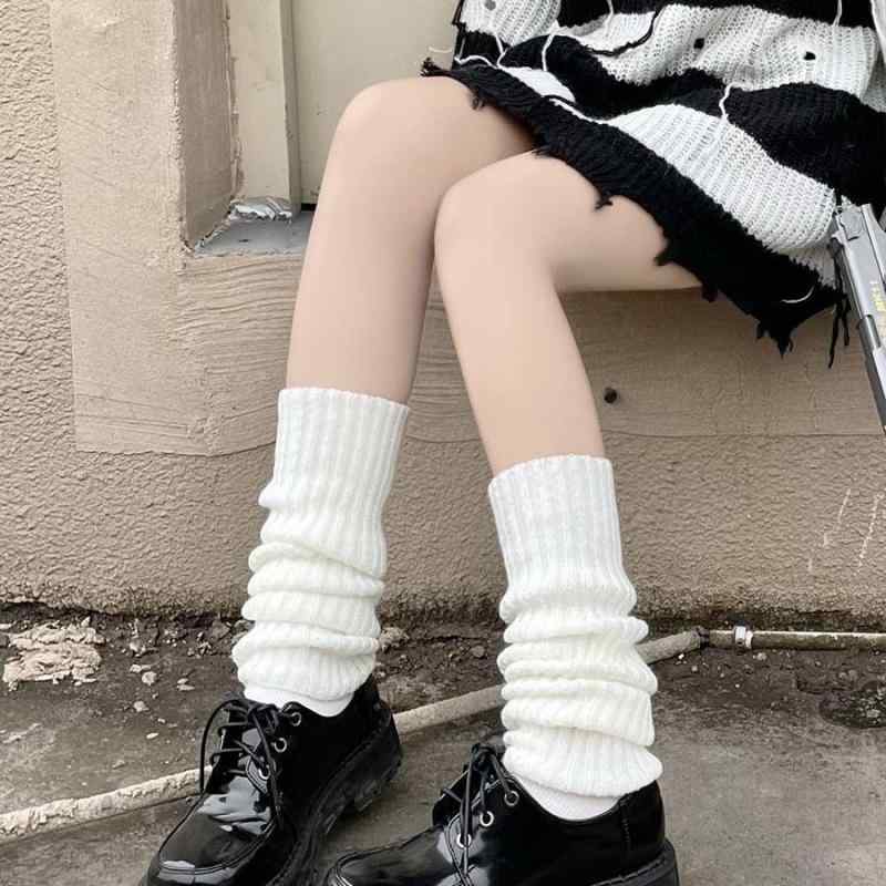 靴下 レディース ロリータ ニット レッグウォーマー 堆堆袜 JK 制服風 小腿痩せ 美脚効果 無地 ブラック ホワイト グレー(4.0)
