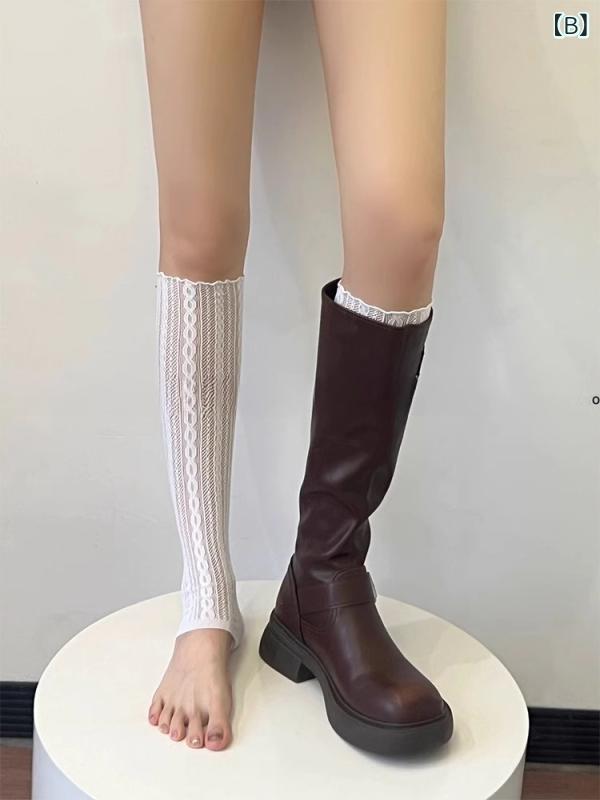 靴下 レディース レース 花柄 春夏 中筒 丈 ソックス レッグウォーマー 白 黒 綿 混紡 通気性 吸汗性 摩擦防止(x2)