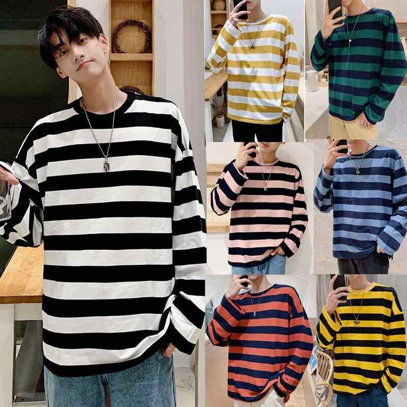 Tシャツ メンズ 長袖Tシャツ ラウンドネック ポリエステル ストライプ 薄手 ルーズ カジュアル トップス ホワイト グリーン ブルー オレンジ ピンク系