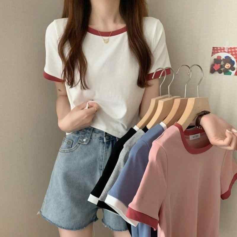 Tシャツ レディース 半袖 丸首 配色 ポリエステル 切り替え ショート丈 トップス 韓国 通勤 ブラック グレー ホワイト ピンク系 ブルー