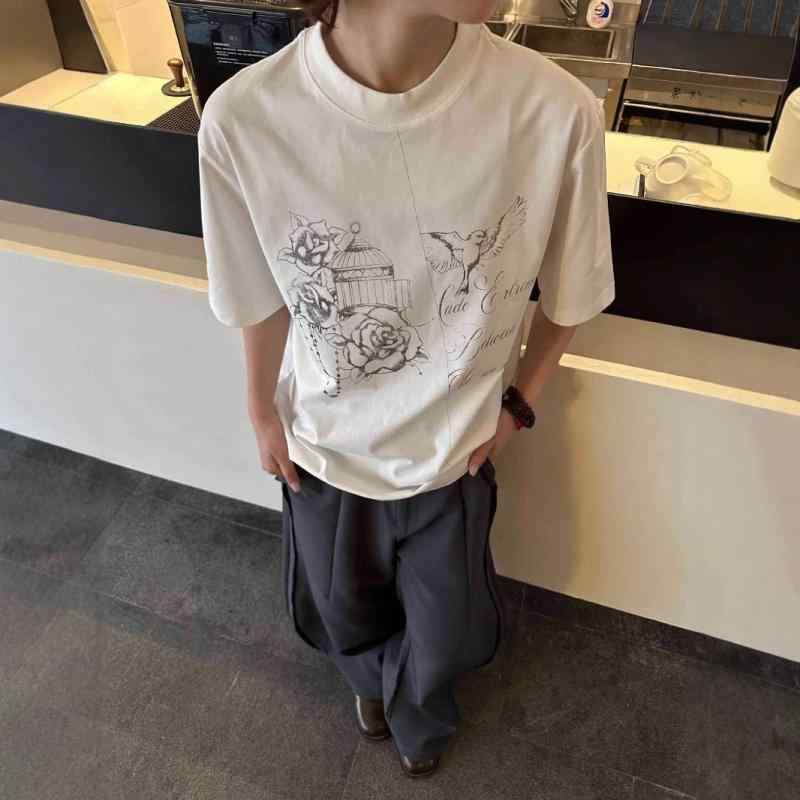 Tシャツ 男性用 コットン トップス 半袖 ラウンドネック 手绘印花 ゆったり 白 黒 グレー 普段使い