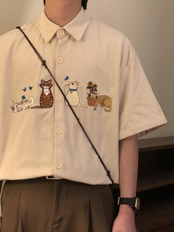 シャツ メンズ 男性用 猫 刺繍 コーデュロイ 半袖 トップス カジュアル ゆったり 尖襟 綿 夏 普段使い・カテゴリ: シャツ・スタイル: カジュアル・フィット: ゆったり・襟の形: 尖った襟・袖丈: 半袖・柄: -・・対象年齢: 成人・対象: メンズ・素材: 綿・色: コーヒー色, 杏色, 黒, 白・サイズ: M, L, XL, 2XL, 3XL・シーズン: 夏・加工: 防しわ加工