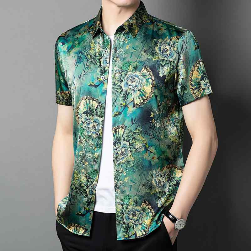 シャツ メンズ 男性用 桑蚕丝 半袖シャツ トップス 花柄 薄手 通気性 形態安定 ビジネス カジュアル