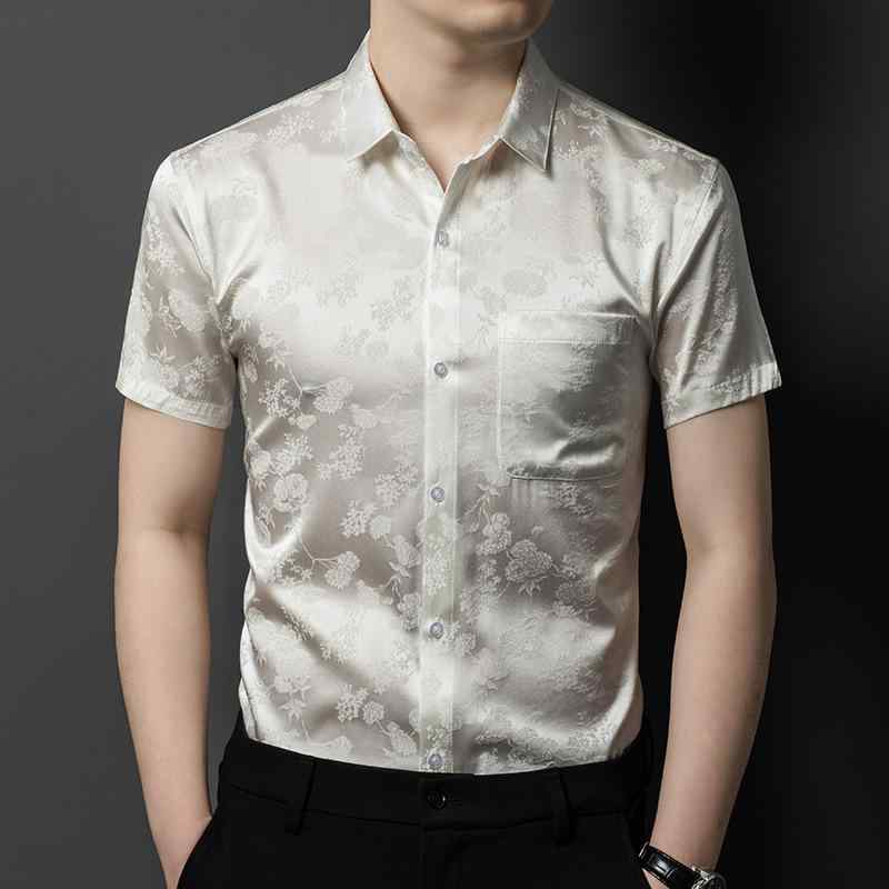 シャツ メンズ 男性用 桑蚕丝 絹 半袖 シャツ トップス 提花 薄手 涼しい 上品 米白 上青 紫色