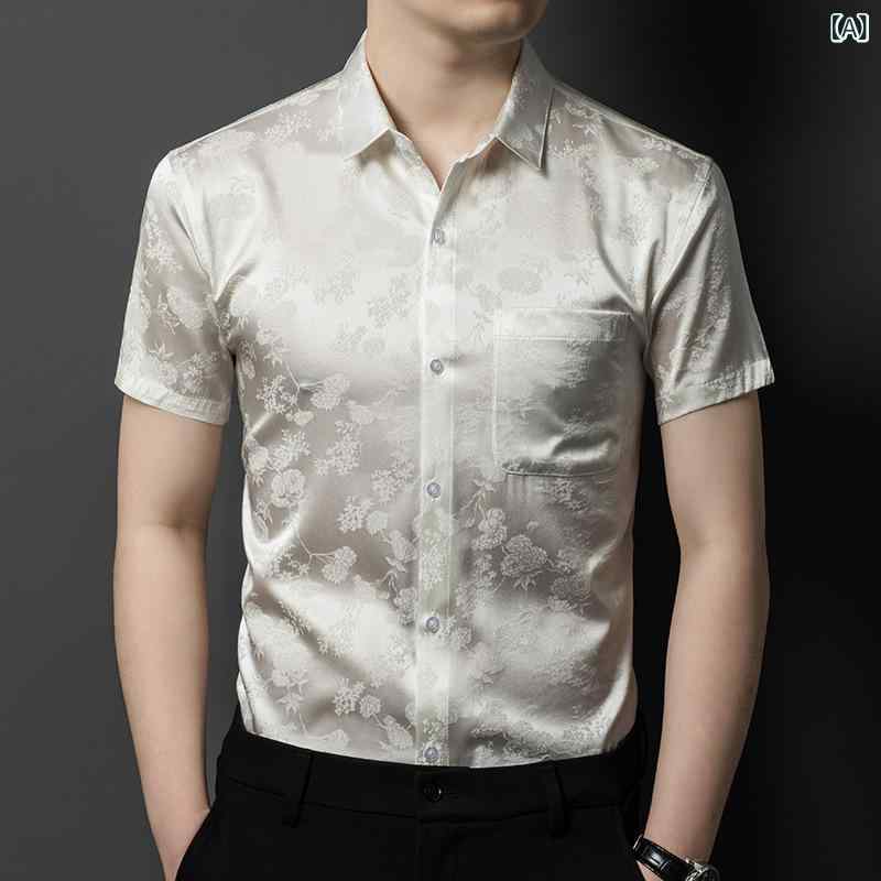 シャツ メンズ 男性用 桑蚕丝 絹 半袖 シャツ トップス 提花 薄手 涼しい 上品 米白 上青 紫色
