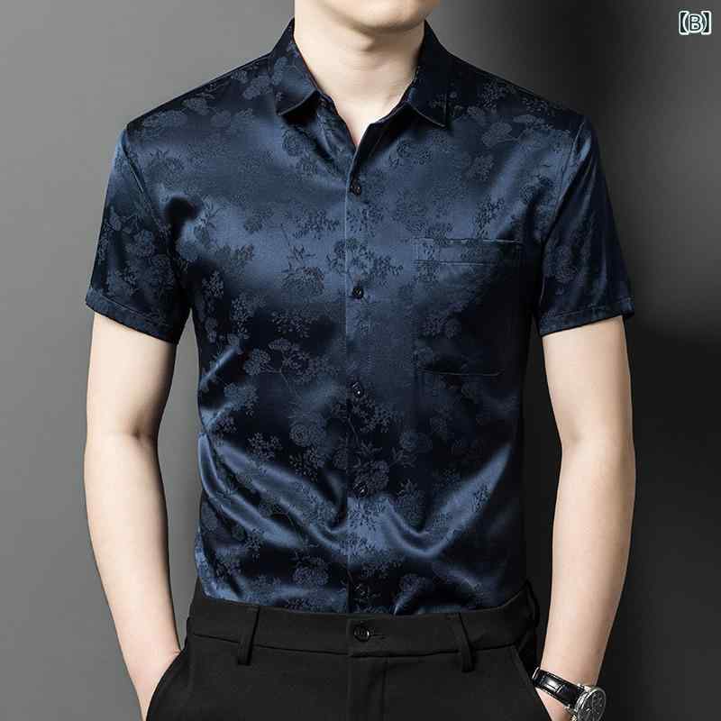 シャツ メンズ 男性用 桑蚕丝 絹 半袖 シャツ トップス 提花 薄手 涼しい 上品 米白 上青 紫色