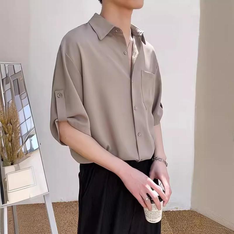 Rakuten - シャツ メンズ 男性用 7分袖 接触冷感 ポリエステル 開襟シャツ 薄手 無地 トップス カッターシャツ ブラウス 白 黒 カーキ 合体型 ポリエステル繊維 日常