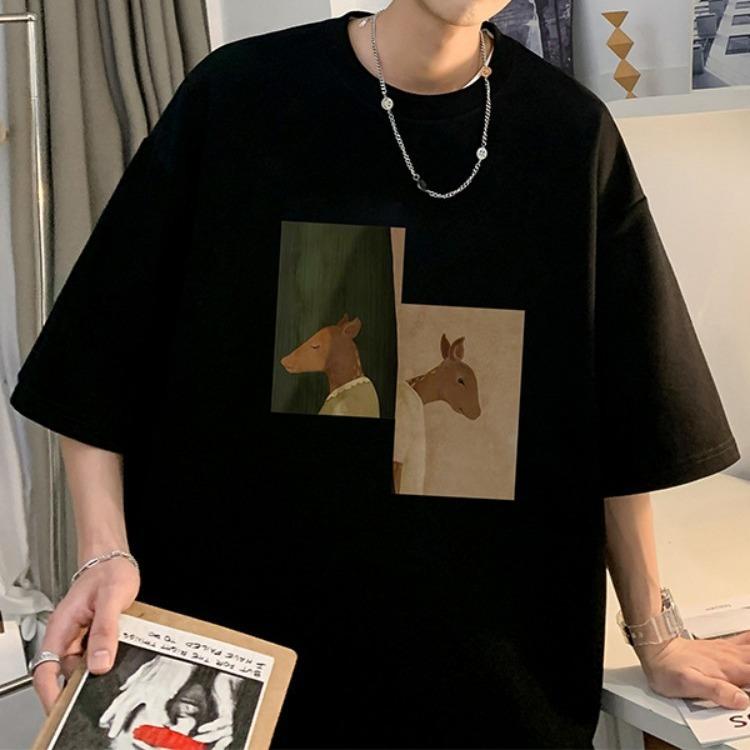 Rakuten - Tシャツ メンズ 男性用 半袖 トップス ラウンドネック ビッグシルエット ゆったり 幾何学模様 プリント リラックス 普段使い 接触冷感 ブラック ホワイト グレー