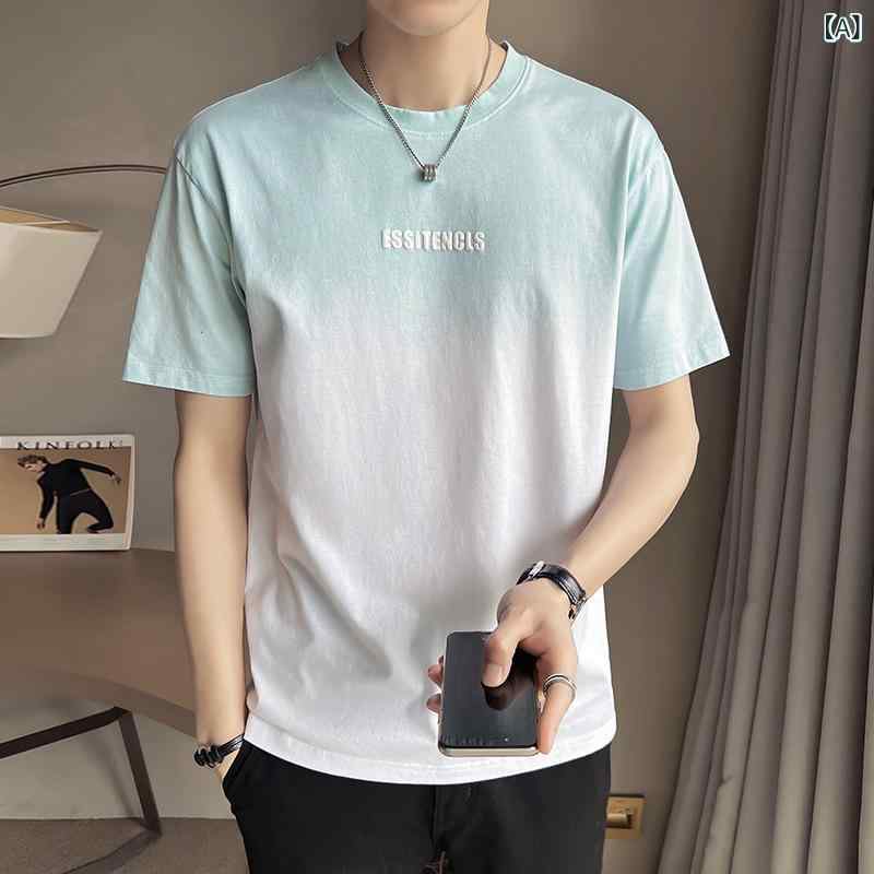 Tシャツ メンズ 男性用 半袖 グラデーション ルーズフィット トップス カットソー インナー カジュアル 普段使い ポリエステル 吸湿速乾 ブルー グレー系 2
