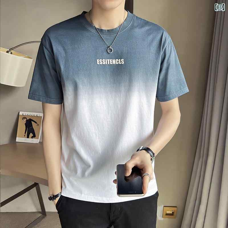 Tシャツ メンズ 男性用 半袖 グラデーション ルーズフィット トップス カットソー インナー カジュアル 普段使い ポリエステル 吸湿速乾 ブルー グレー系 3