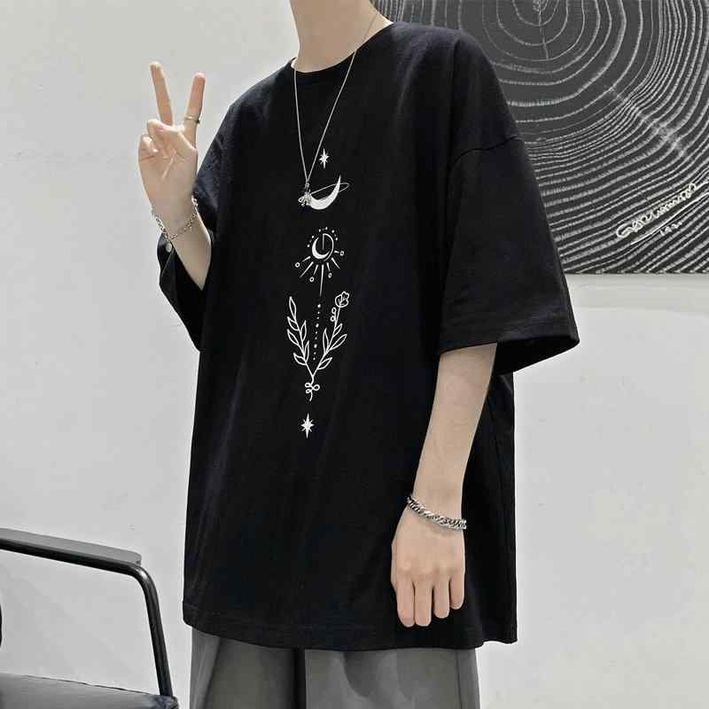 Rakuten - Tシャツ メンズ 男性用 半袖 トップス プリント ゆったり 薄手 五分袖 丸首 ポリエステル 幾何学模様 ホワイト ブラック ブルー 普段使い 部屋着