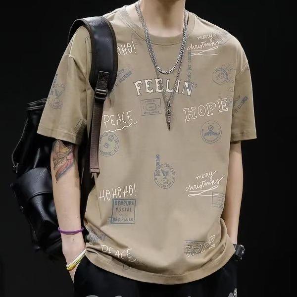 Rakuten - Tシャツ メンズ 男性用 半袖 ポリエステル ゆったり 薄手 プリント ラウンドネック 速乾 通気性 スポーツ 日常着 春夏 ブラック ブルー カーキ
