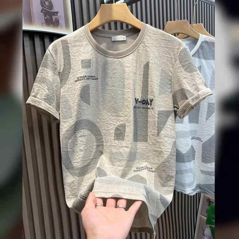 Tシャツ メンズ 男性用 麻 リネン混紡 半袖 薄手 ラウンドネック プリント 接触冷感 吸湿速乾 涼感 普段使い 部屋着 カジュアルスタイル 白 ホワイト 黒 ブラック カーキ