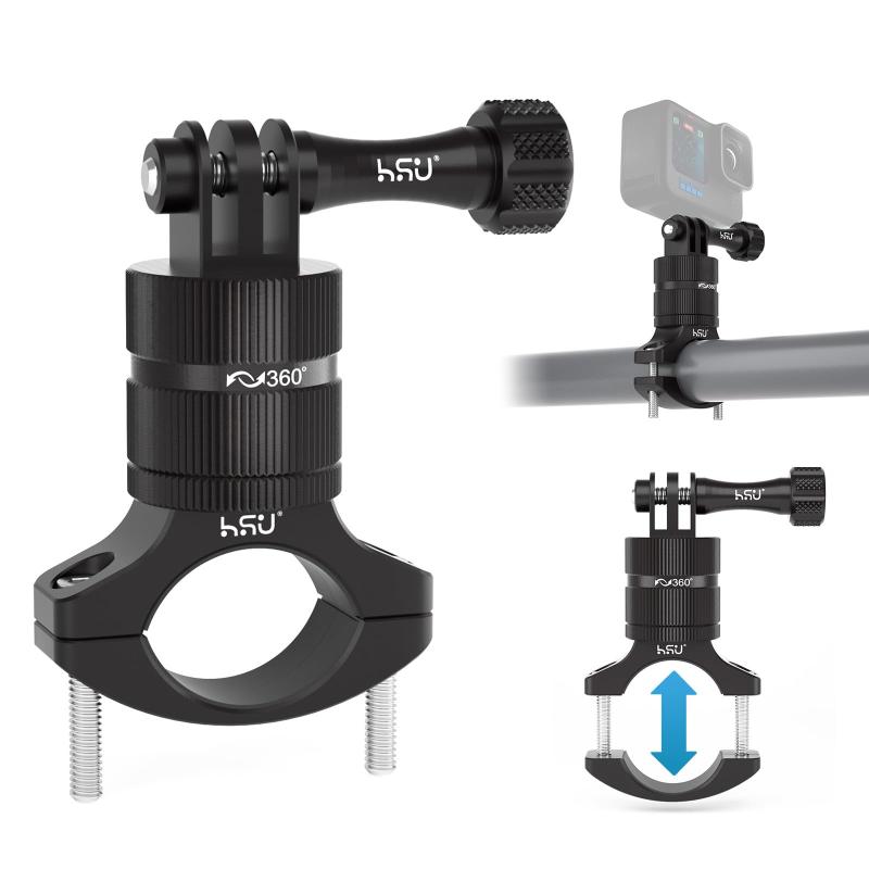 HSU アルミ製バイク・自転車ハンドルマウント 18～30mm径のハンドルバーに対応 gopro 360度回転 ウェアラブルカメラマウント（ブラック）【高品質アルミ素材】：このハンドルバーマウントは高品質なアルミ合金で製造されており、その頑丈さと耐久性は一際目立ちます。割れにくく、屋外でのライディングに最適です。【360度回転可能な撮影角度】：このgopro マウントは撮影方向は360度回転可能で、15度ずつ微調整が可能です。自転車に取り付けた後も、ライディング中に理想的なアングルに調整でき、臨場感あふれる映像を捉えることができます。【調整範囲18mm-30mm】： ハンドルバーの太さに合わせて、わずか18mmから最大30mmまで調整可能です。ほとんどのハンドルバーに対応し、安定感抜群の取り付けが可能です。【高い安定性と保護機能】： ハンドルバーマウントはハンドルバーを完全に包み込むデザインで、確実な固定を実現します。ホルダーとハンドルの接触部にはゴムマットが装備され、ハンドルを傷から守りながら衝撃吸収の機能も発揮します。安心してアクティブなアウトドアアクティビティを楽しむための理想的なアクセサリーです。【対応機種】： このバイクマウントは、GoPro Hero13/12/11/10/9/8/7/6/5、DJI Osmo Action、akaso を含むほとんどのアクションカメラと完璧に互換性があります。また、スマホクリップやその他多くのアクセサリーとの相性良いです。