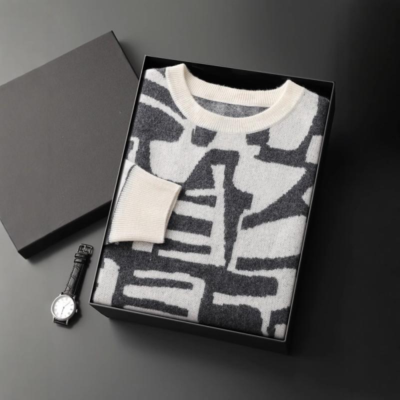 ニット メンズ 男性用 セーター 丸首 プルオーバー 厚手 ゆったり リラックス 配色 切り替え 提花(ジャカード) 編み ホワイト 白 スカイブルー 水色 シルバーグレー シルバー 秋冬