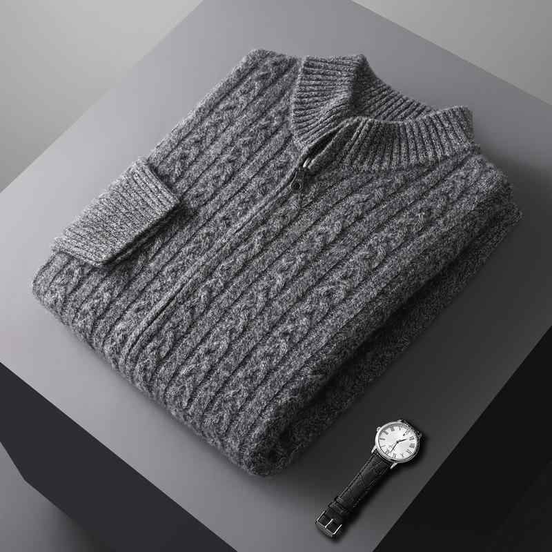 セーター メンズ ニット ハーフハイネック ジップアップ ジャカード ウール 極太糸 厚手 春秋冬 インナー プルオーバー ゆったり ビジネス 紳士 紺色 花柄 グレー ベージュ グリーン