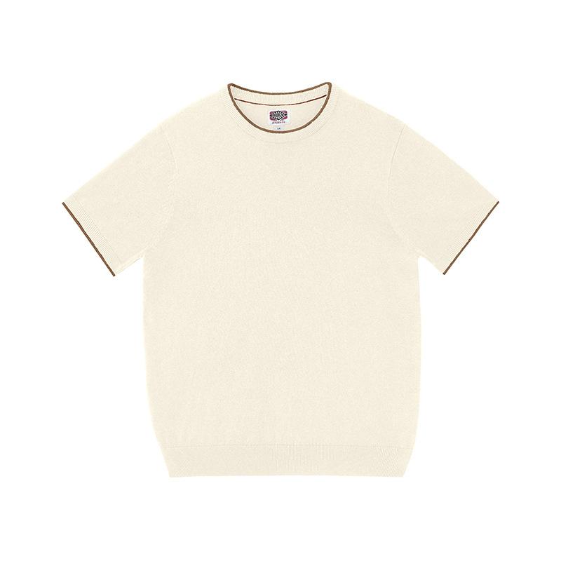 ニット メンズ 羊毛 夏ニット 薄手 半袖 Tシャツ 配色 クルーネック カットソー トップス ビジネス 紳士 男性用 綿混紡 コットン混紡 普段使い 417 米白 炭グレー ローズレッド ブラウン