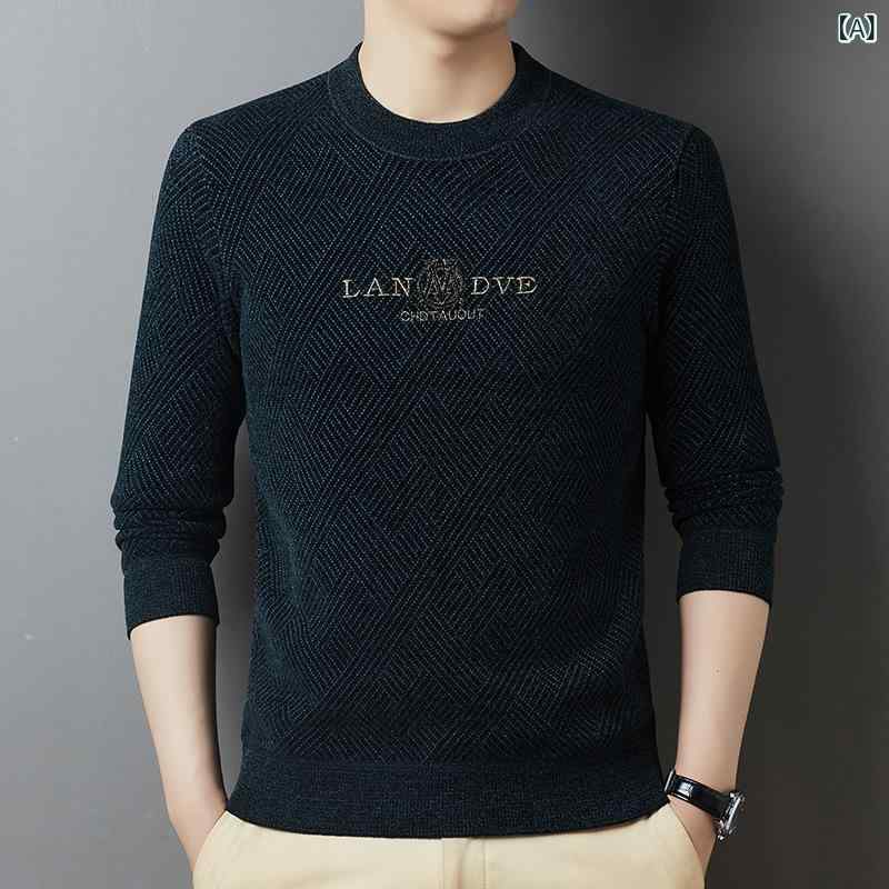 ニット メンズ 男性用 セーター 秋冬 裏起毛 厚手 保温 クルーネック プルオーバー ゆったりめ 墨緑 ブ..