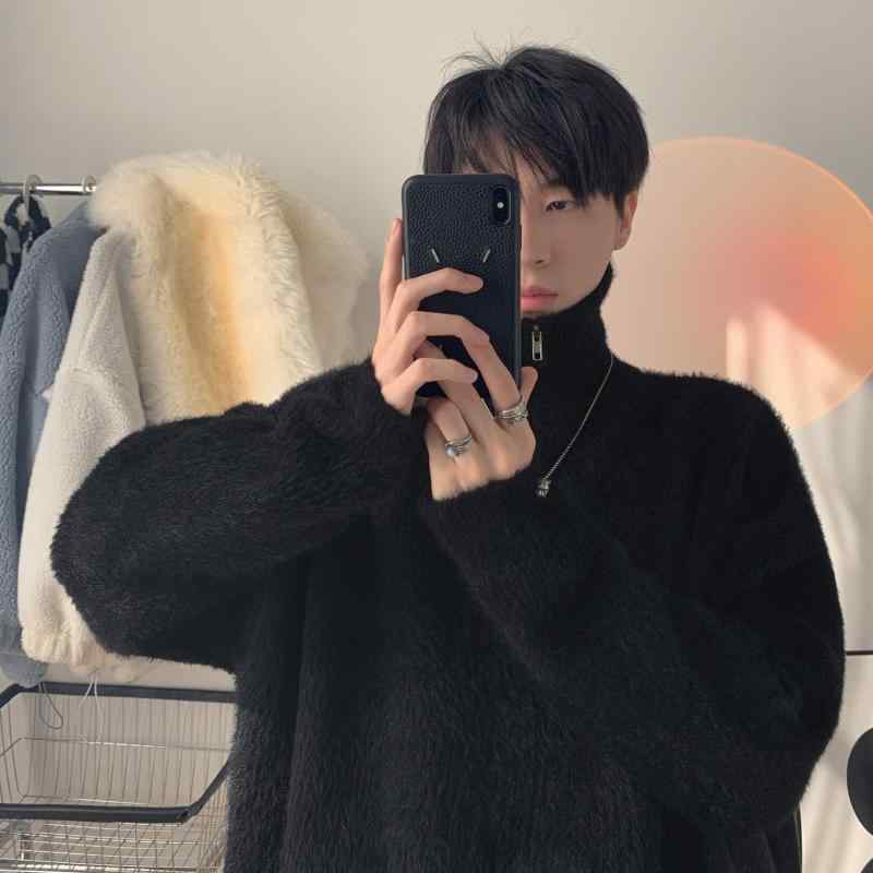 ニット メンズ ハーフジップ ハイネック 厚手 無地 長袖 プルオーバー 秋冬 伸縮性 暖かい カジュアル ゆったり