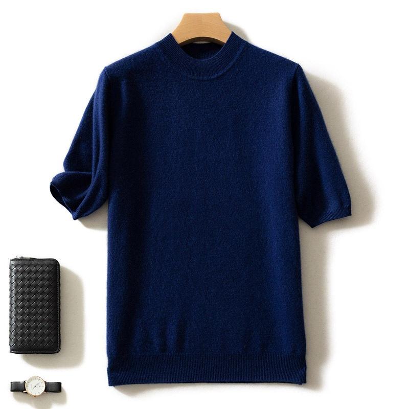 ニット メンズ 男性用 セーター ハーフスリーブ トップス セミハイネック ウール混紡 無地 リラックスフィット 5分袖 ミドルエイジ シ..