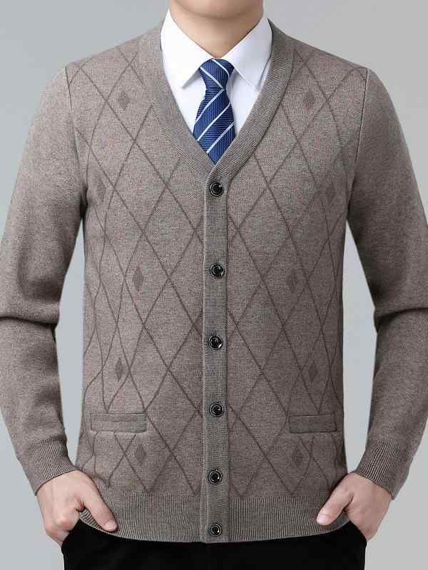 カーディガン 男性用 ニットカーディガン Vネック ウール トップス 秋冬 暖かい 防寒 シニア 紳士 165 170 175 180 185 190 195 キャメル ワインレッド 赤 グレー・スタイル: カーディガン