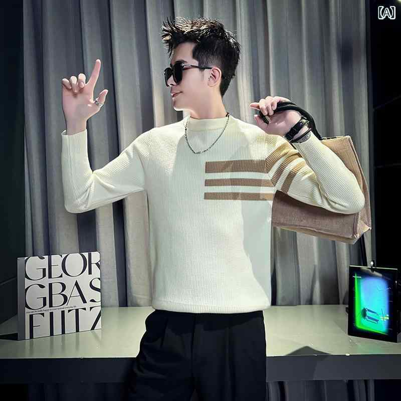 ニット メンズ 男性用 秋冬 配色 スリムフィット クルーネック 長袖 セーター プルオーバー トップス カットソー 混紡 白 黒 ベージュ