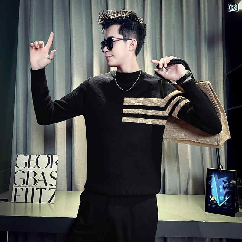 ニット メンズ 男性用 秋冬 配色 スリムフィット クルーネック 長袖 セーター プルオーバー トップス カットソー 混紡 白 黒 ベージュ