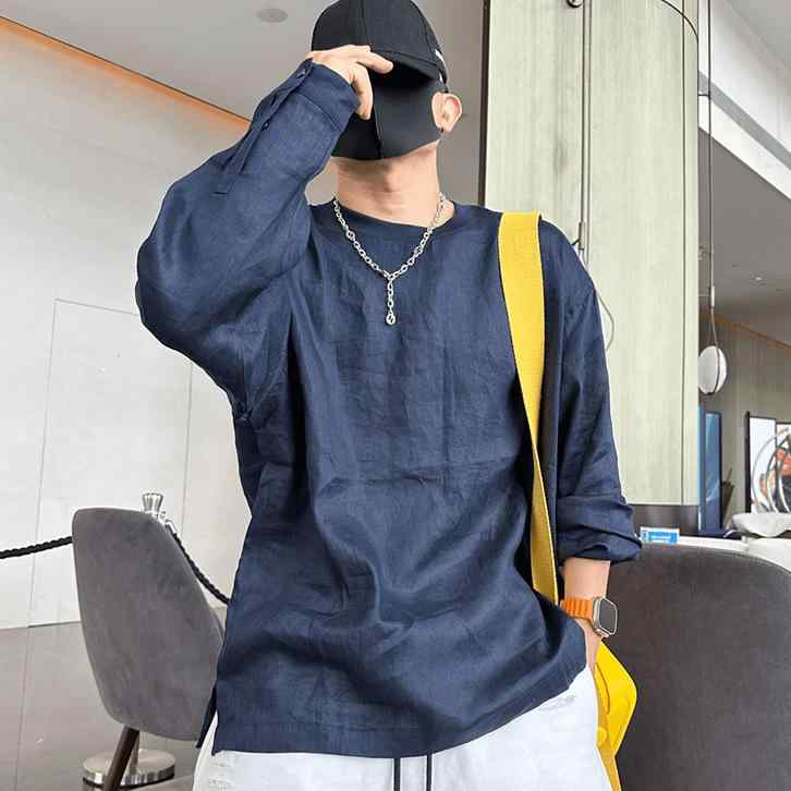 Tシャツ メンズ 男性用 春秋 薄手 通気性 防しわ リネン混紡 無地 ラウンドネック 長袖 カットソー 紺色 白