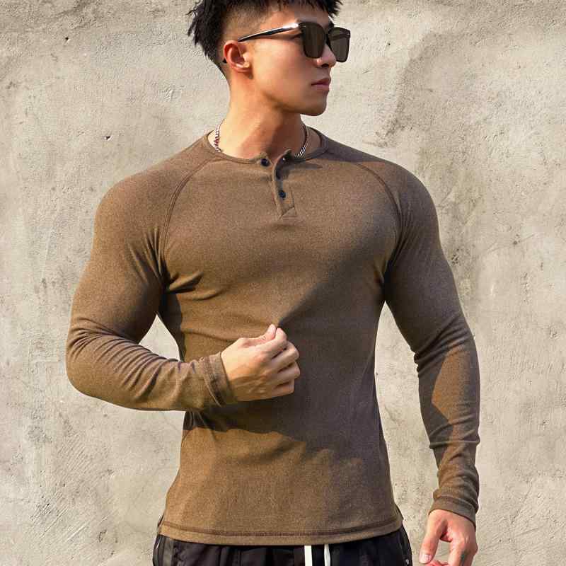 Tシャツ メンズ 男性用 長袖 フリース ヘンリーネック トレーニング トップス ストレッチ スリム グレー ブラック ワインレッド コーヒー ブルー 冬 スポーツ ウェア