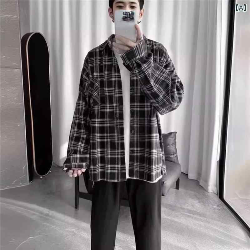 シャツ メンズ 長袖 チェック柄 ネルシャツ 配色 襟付き ポリエステル 普段使い レトロ 合体型 ブラック レッド ネイビー M L XL XXL XXXL