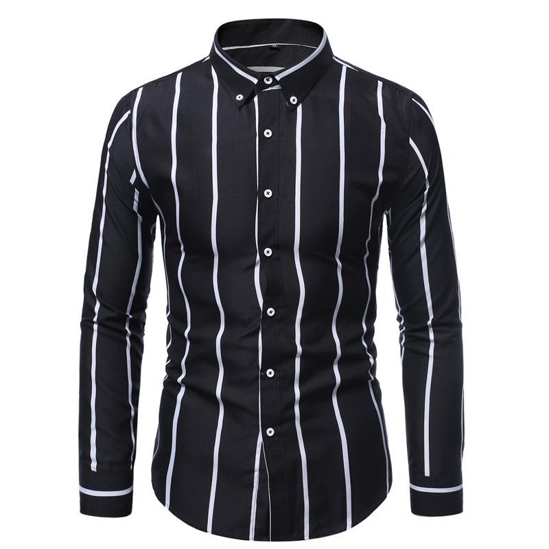 シャツ メンズ 男性用 長袖 ストライプ柄 ポリエステル混紡 形態安定加工 スタイリッシュ カジュアル ブラック 紺 ネイビー M L XL 2L 3L 4L