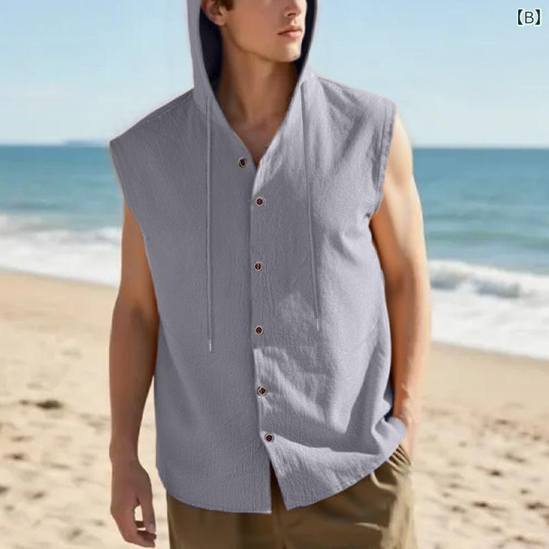 シャツ メンズ 男性用 麻混紡 リネン カジュアル 薄手 半袖 フード付き カーディガン 浅カーキ グレー ブラック ネイビー アーミーグリーン ホワイト ライトブルー マスタード