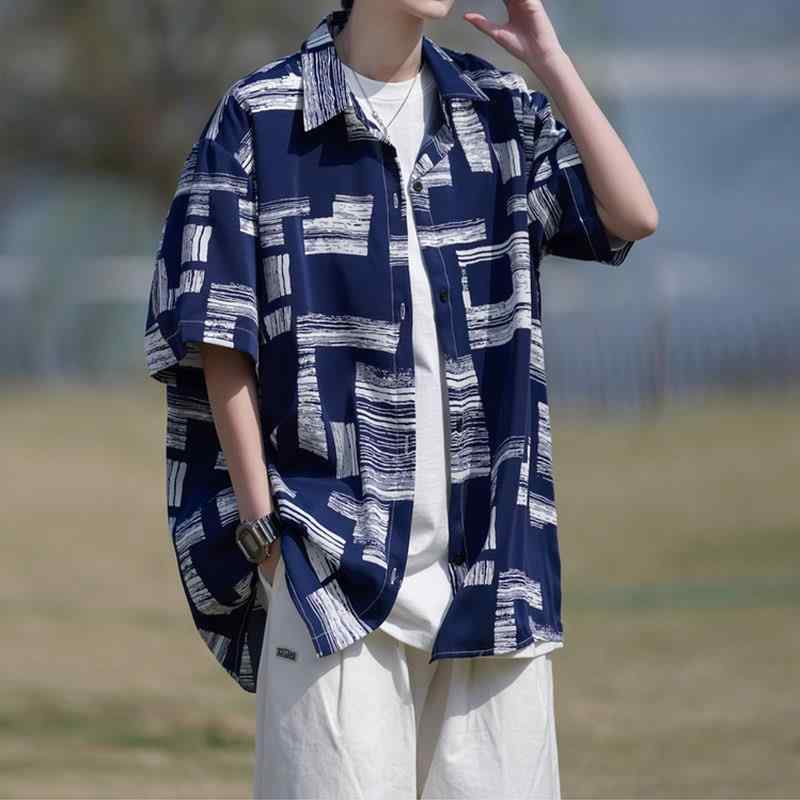 シャツ 男性用 アメカジ 水墨 染め 半袖 ルーズ 拼色 ポリエステル 開襟 オープンカラー 春夏