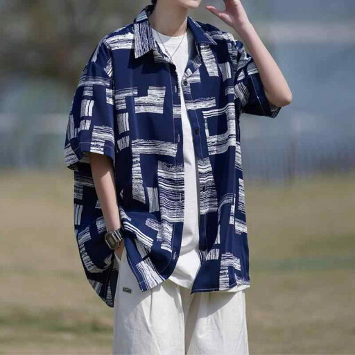 シャツ 男性用 アメカジ 水墨 染め 半袖 ルーズ 拼色 ポリエステル 開襟 オープンカラー 春夏