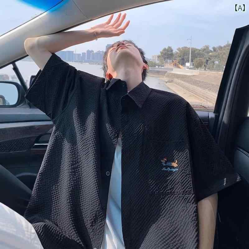 シャツ メンズ 男性用 半袖 ポリエステル 薄手 刺繡 花柄 襟付き トップス 普段使い 黒 ブラック 紺 ネイビー ベージュ